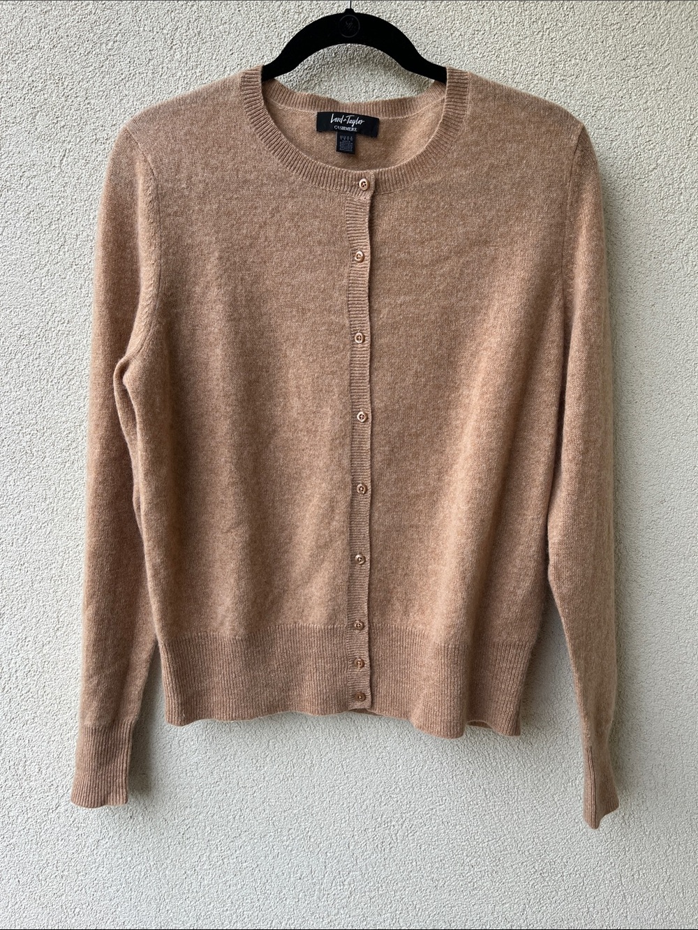 Lord & Taylor 100% Cashmere Tan Crewneck Cardigan **needs repair**